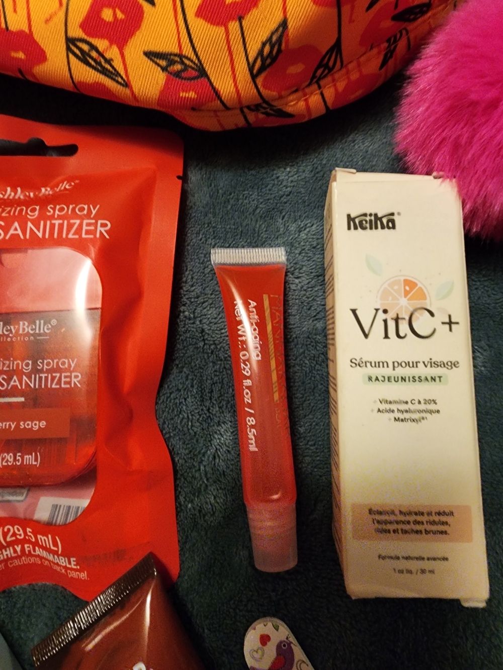 Orange & Pink Cosmetic Pouch with Pom Pom Keychain Beauty Bundle Over $75 Value - Picture 4 of 12
